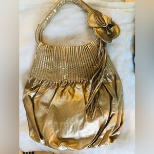 NWT Kaqualor leather soft Gold Women's Bag with Floral Accent